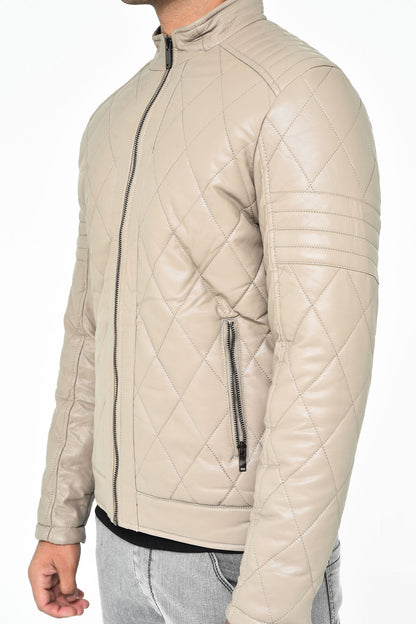 Men's Beige Quilted Leather Jacket