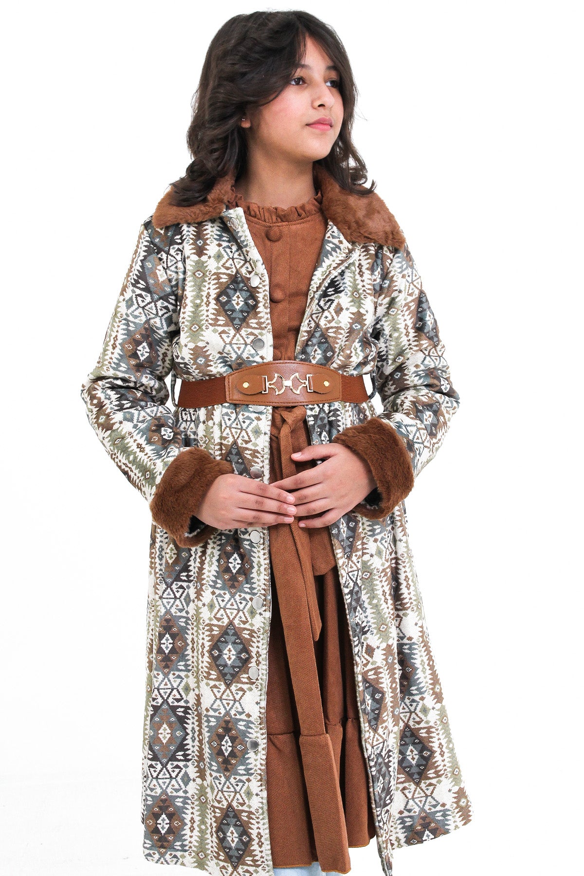 Aztec Print Fur Long Coat