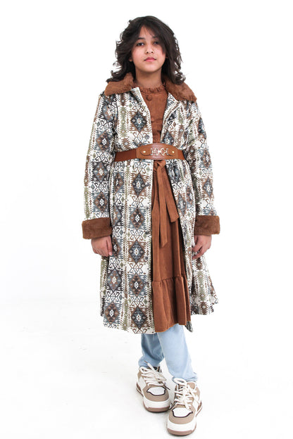 Aztec Print Fur Long Coat