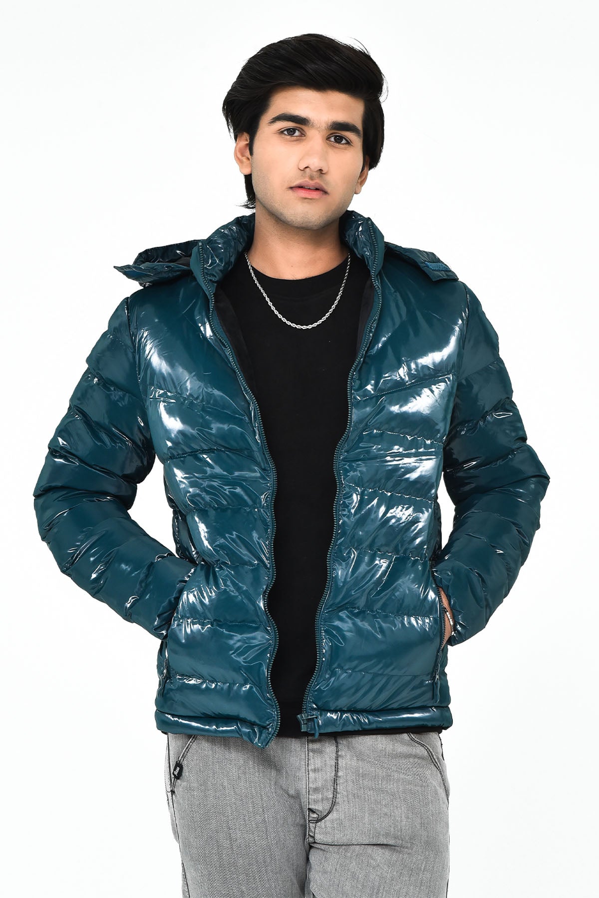 Men's Shiny Teal Puffer Jacket