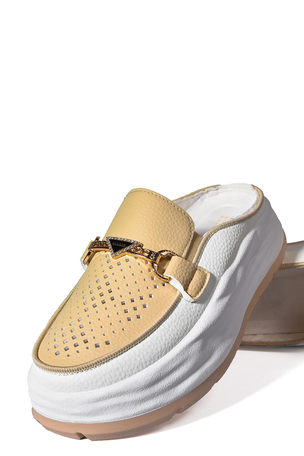 Beige Perforated Mules with Gold Accent