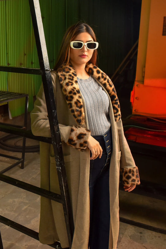 Brown Coat with Leopard Print Collar and Cuffs